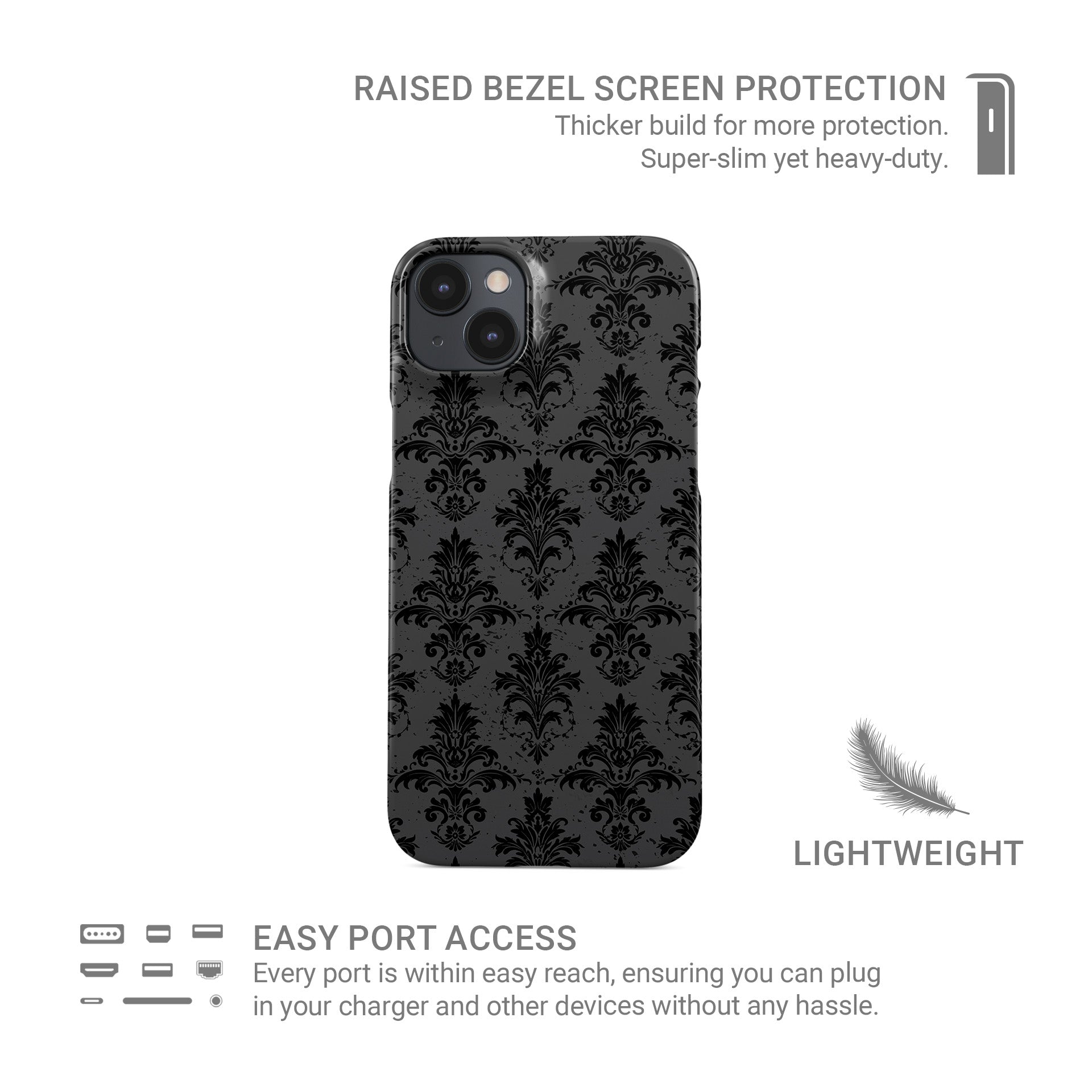 Black and grey vintage glossy baroque damask snap phone case-slim Halloween gothic design