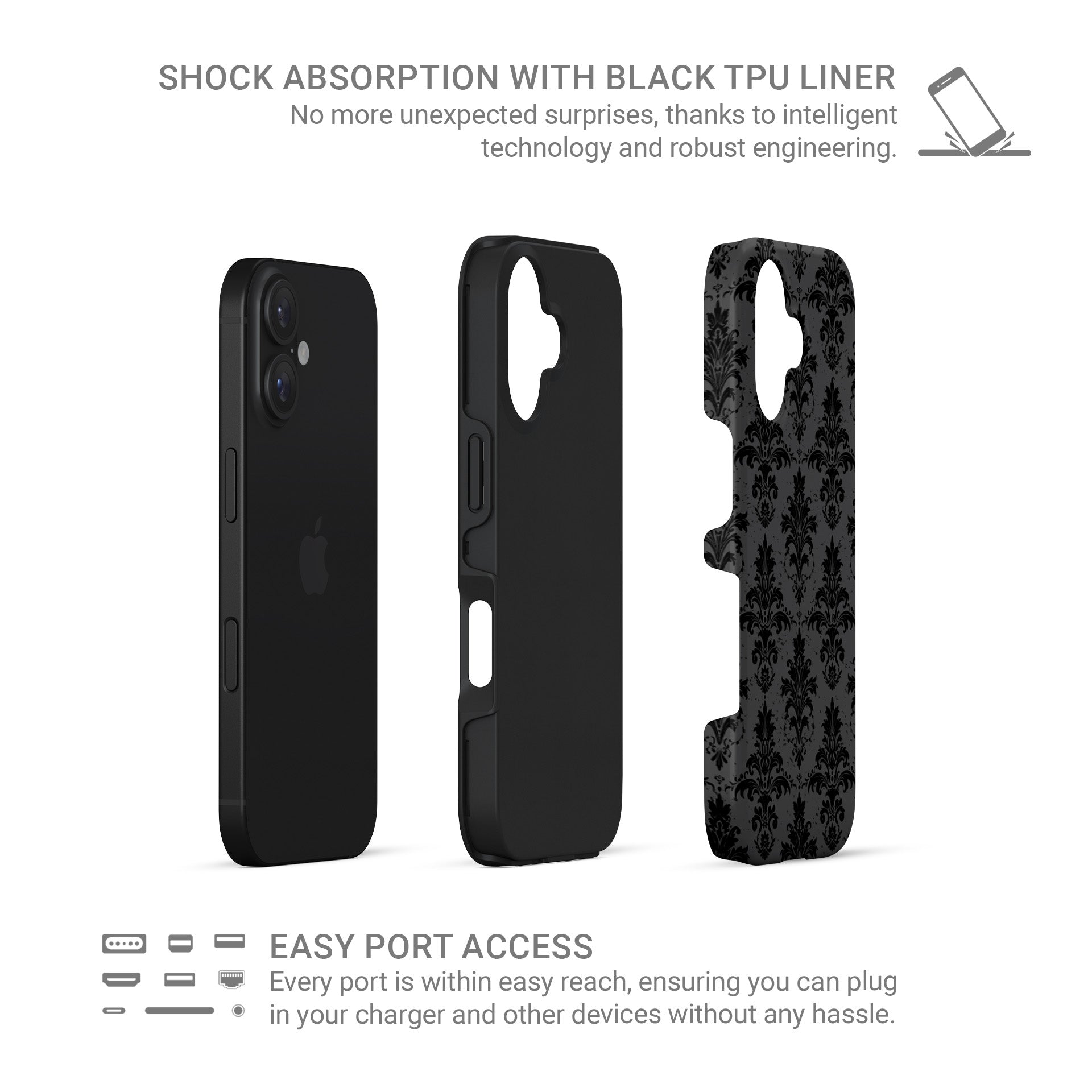 Dark Majesty tough phone case with black damask pattern, glossy finish, and dual-layer protective design.