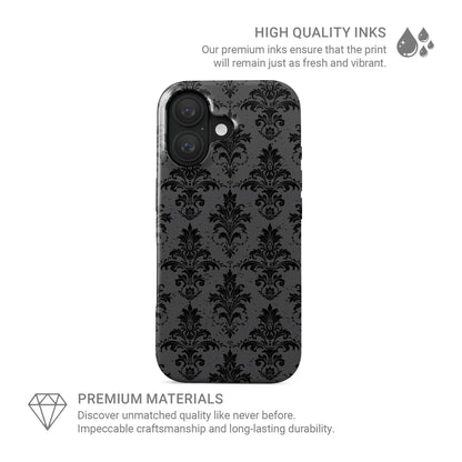 Dark Majesty tough phone case with black damask pattern, glossy finish, and dual-layer protective design.