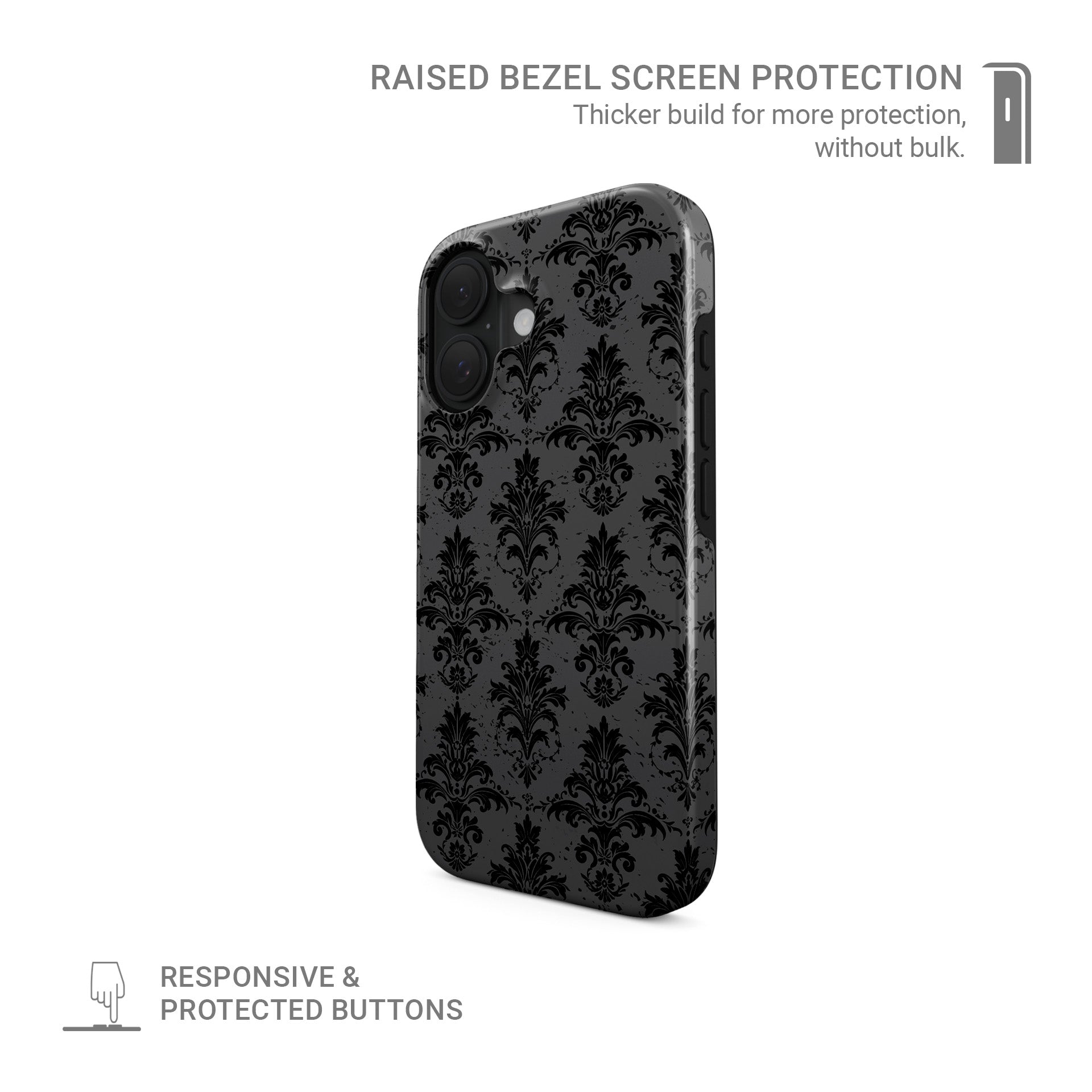 Dark Majesty tough phone case with black damask pattern, glossy finish, and dual-layer protective design.