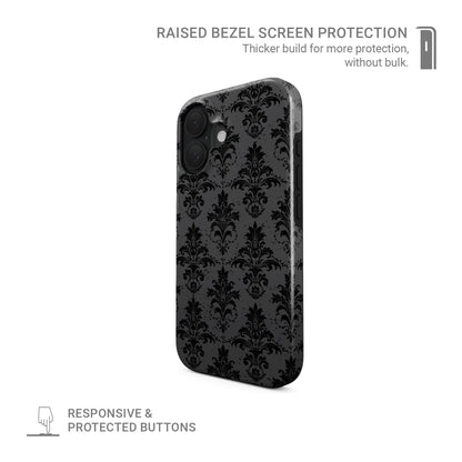 Dark Majesty tough phone case with black damask pattern, glossy finish, and dual-layer protective design.