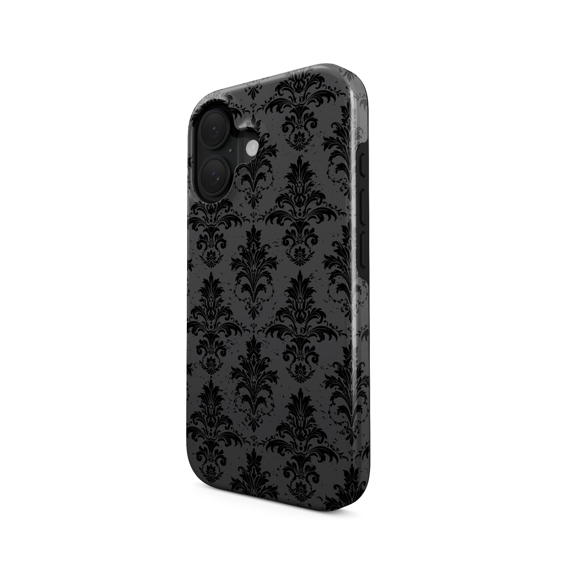Dark Majesty tough phone case with black damask pattern, glossy finish, and dual-layer protective design.