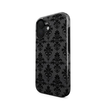 Dark Majesty tough phone case with black damask pattern, glossy finish, and dual-layer protective design.