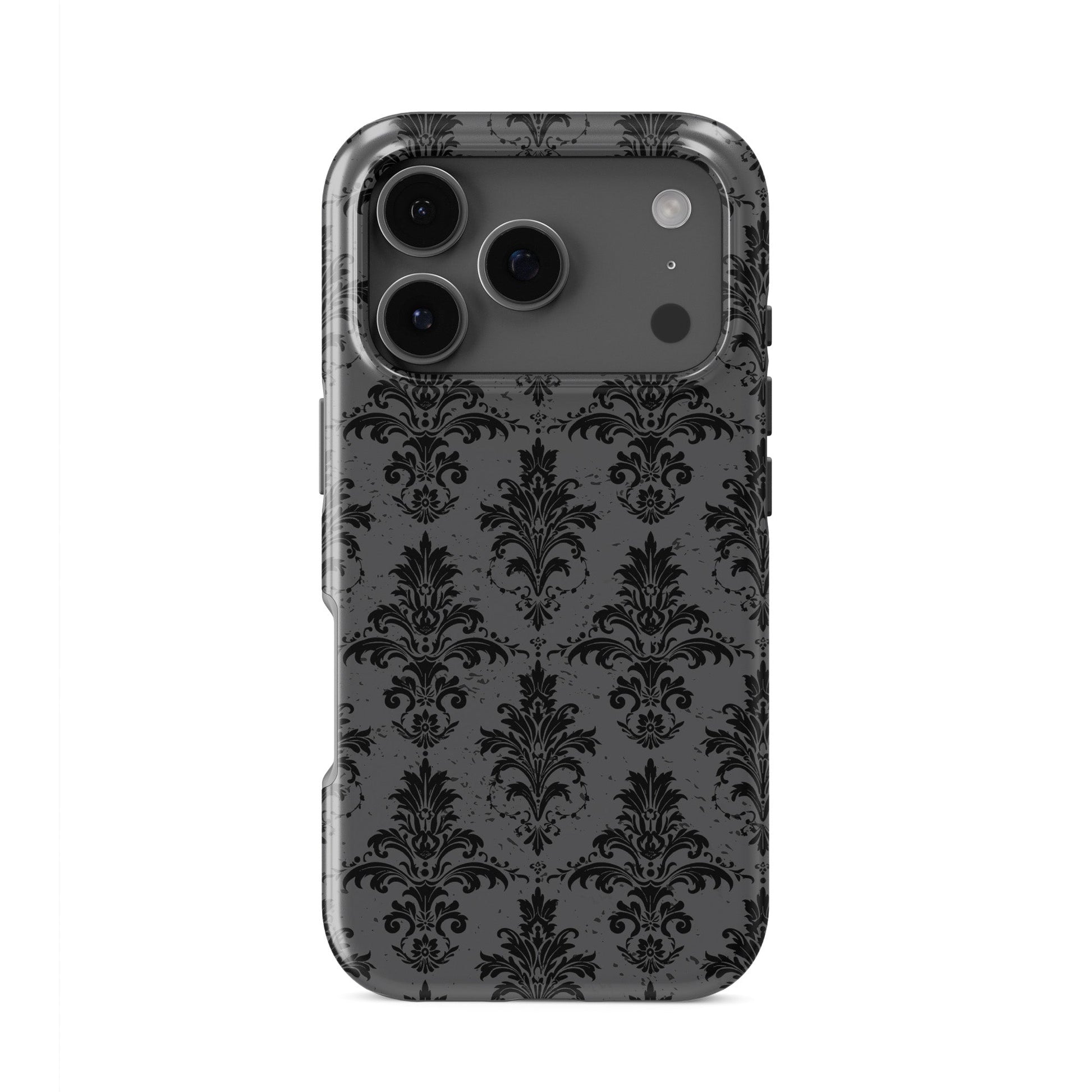 Dark Majesty tough phone case with black damask pattern, glossy finish, and dual-layer protective design.