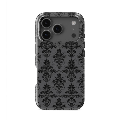 Dark Majesty tough phone case with black damask pattern, glossy finish, and dual-layer protective design.