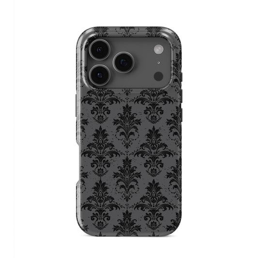 Dark Majesty tough phone case with black damask pattern, glossy finish, and dual-layer protective design.