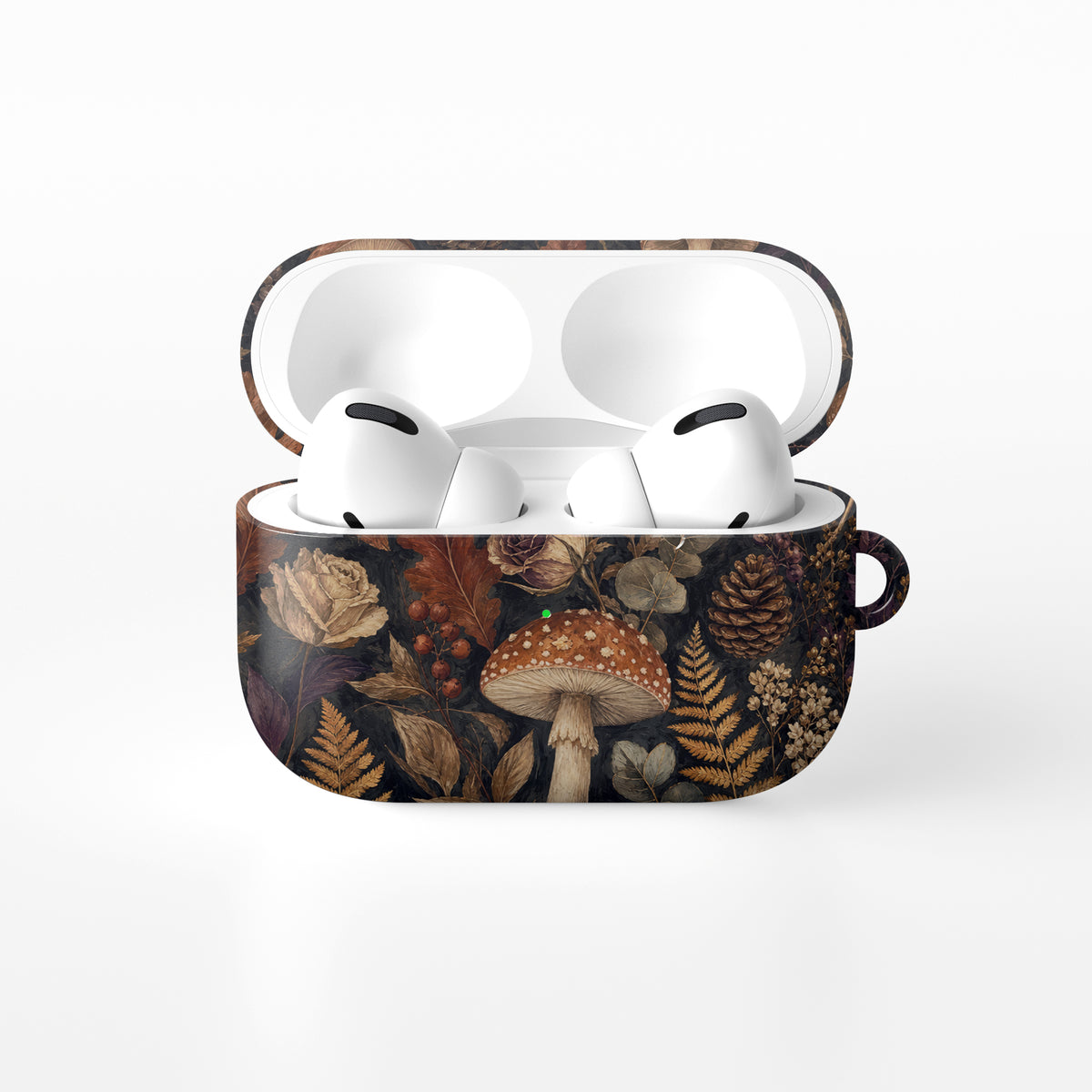 Woodland Forage AirPods case with mushrooms, ferns, pinecones and botanical foliage on a dark woodland background.