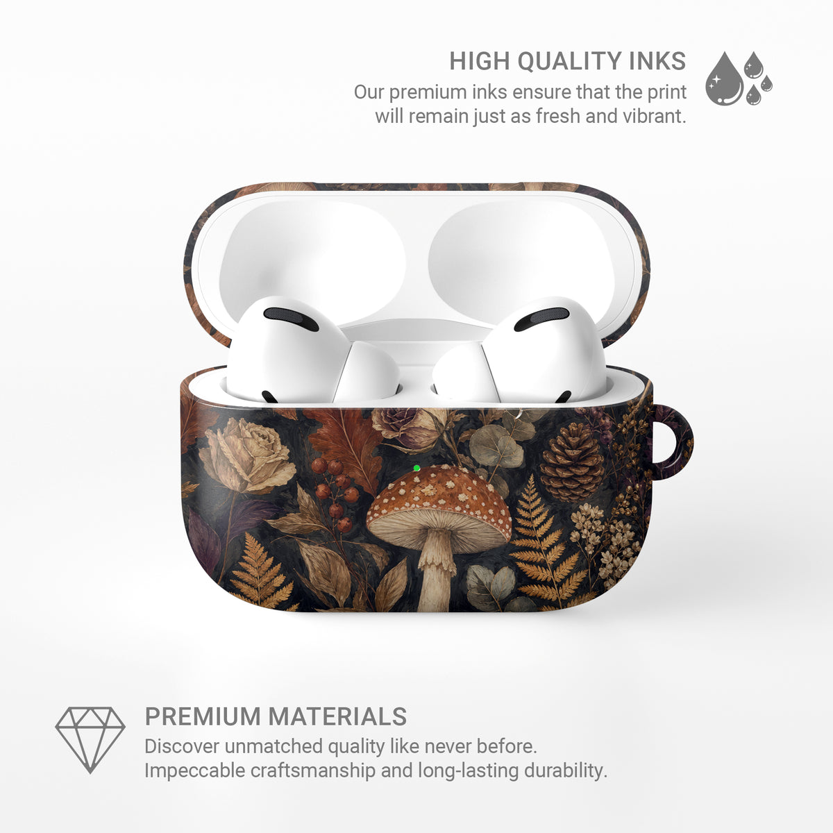 Woodland Forage AirPods case with mushrooms, ferns, pinecones and botanical foliage on a dark woodland background.