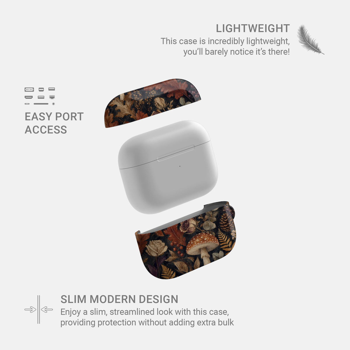 Woodland Forage AirPods case with mushrooms, ferns, pinecones and botanical foliage on a dark woodland background.