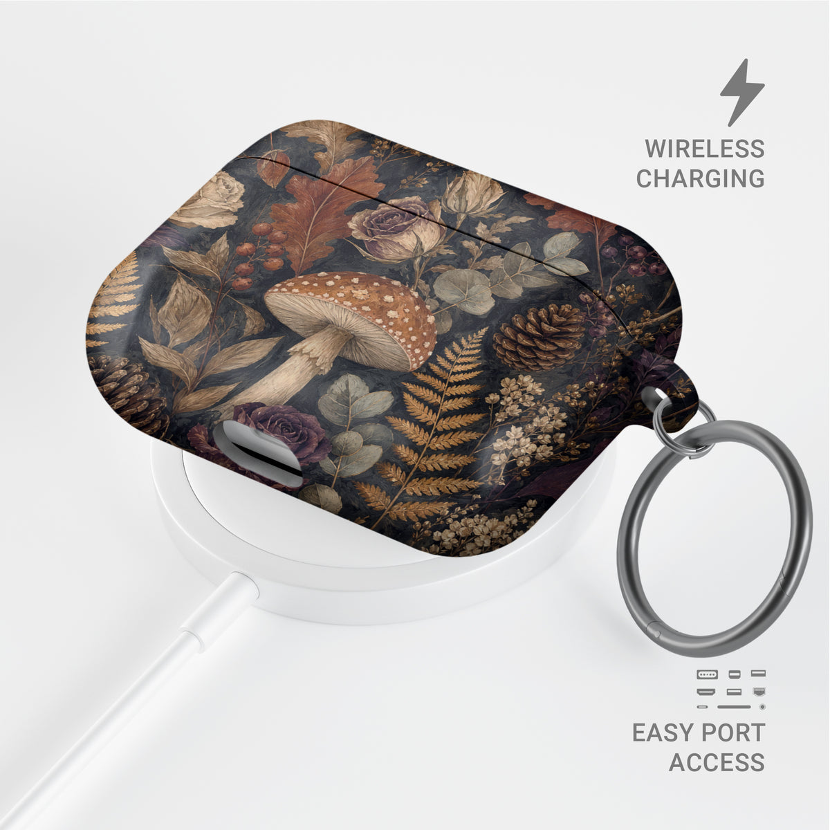 Woodland Forage AirPods case with mushrooms, ferns, pinecones and botanical foliage on a dark woodland background.