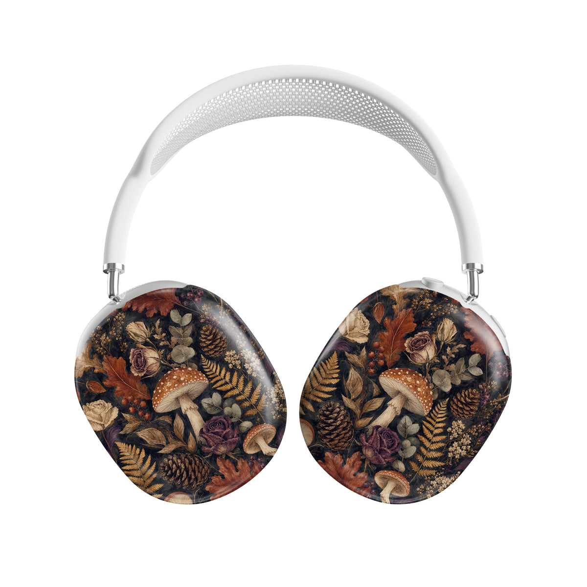 Woodland Forage AirPods Max ear-cup shells with mushrooms, ferns, pinecones and botanical foliage on a dark woodland background.