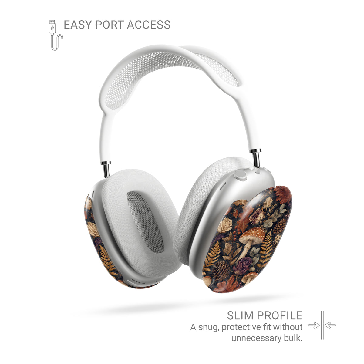 Woodland Forage AirPods Max ear-cup shells with mushrooms, ferns, pinecones and botanical foliage on a dark woodland background.