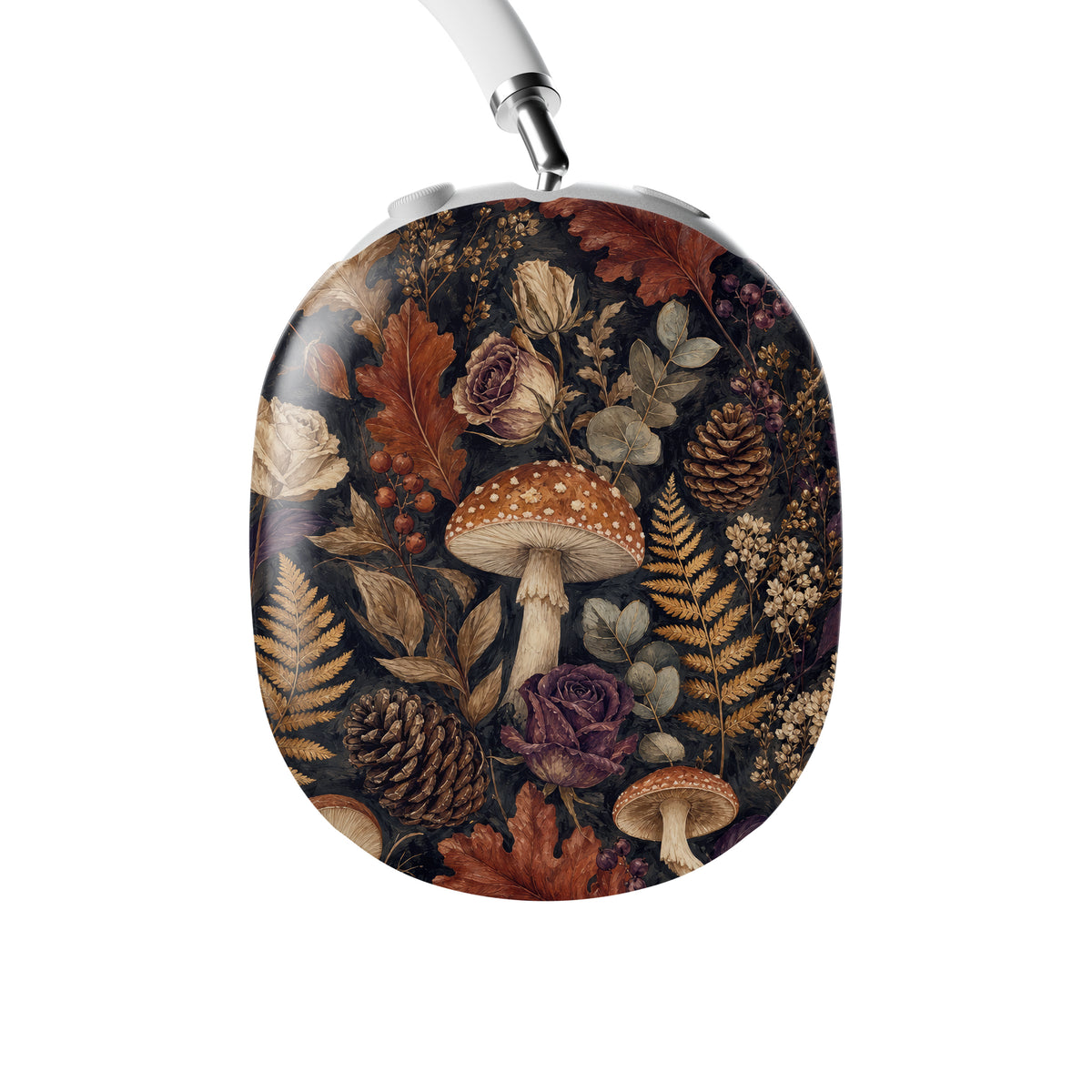 Woodland Forage AirPods Max ear-cup shells with mushrooms, ferns, pinecones and botanical foliage on a dark woodland background.