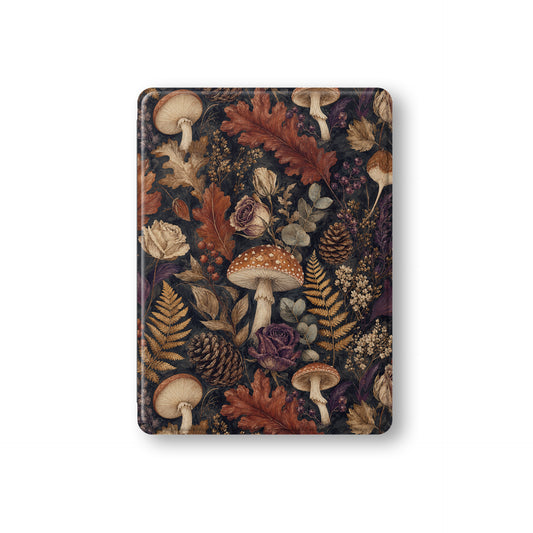 Woodland Forage iPad case with mushrooms, ferns, pinecones and botanical foliage on a dark woodland background.