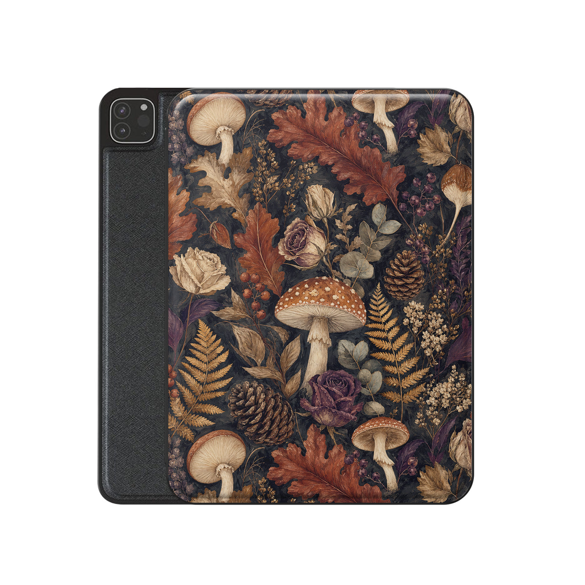 Woodland Forage iPad case with mushrooms, ferns, pinecones and botanical foliage on a dark woodland background.