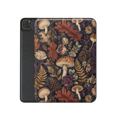Woodland Forage iPad case with mushrooms, ferns, pinecones and botanical foliage on a dark woodland background.