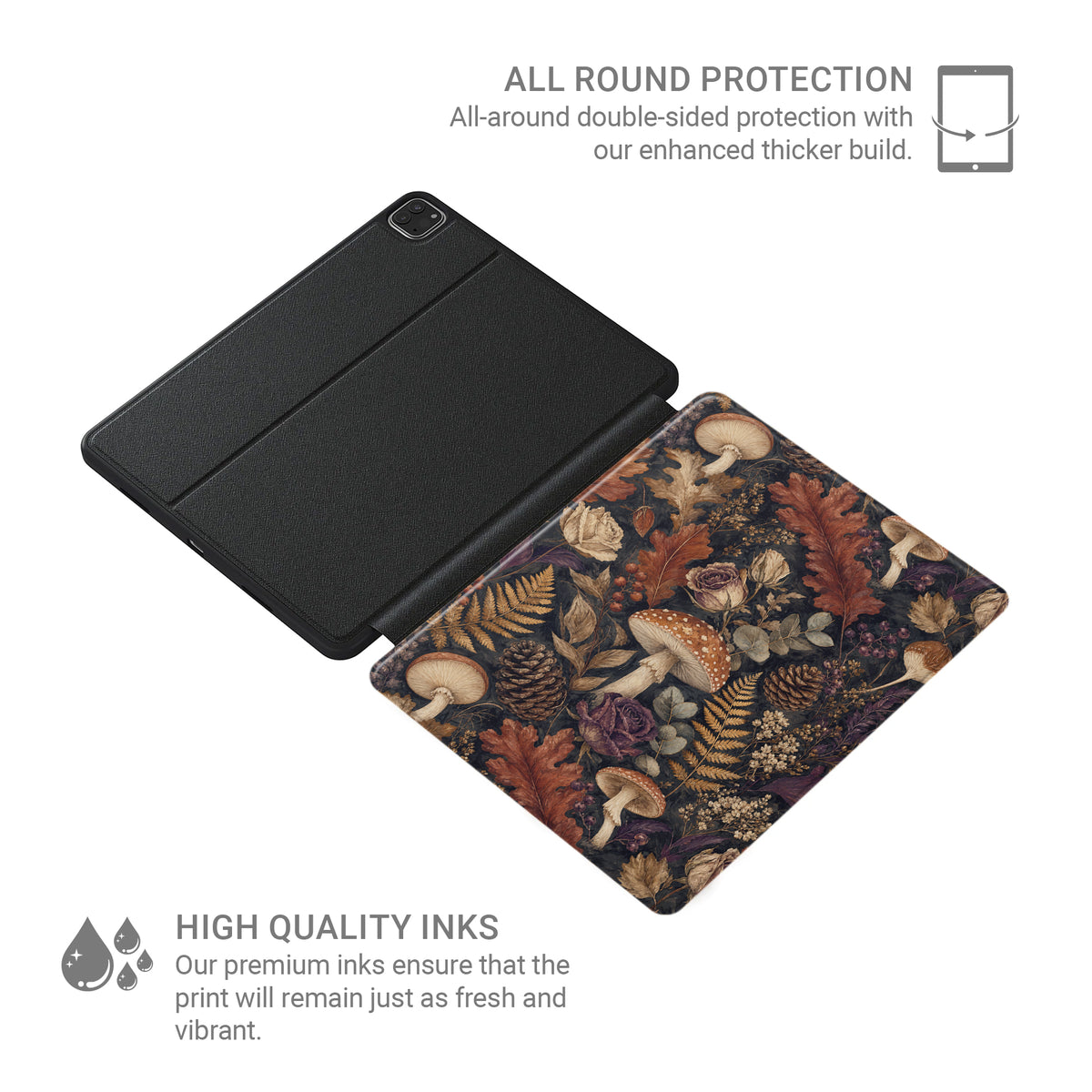 Woodland Forage iPad case with mushrooms, ferns, pinecones and botanical foliage on a dark woodland background.