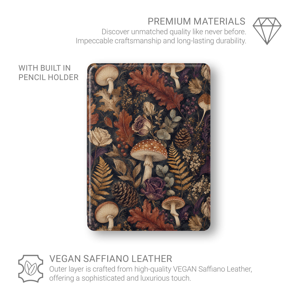 Woodland Forage iPad case with mushrooms, ferns, pinecones and botanical foliage on a dark woodland background.