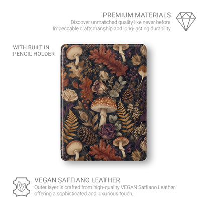 Woodland Forage iPad case with mushrooms, ferns, pinecones and botanical foliage on a dark woodland background.