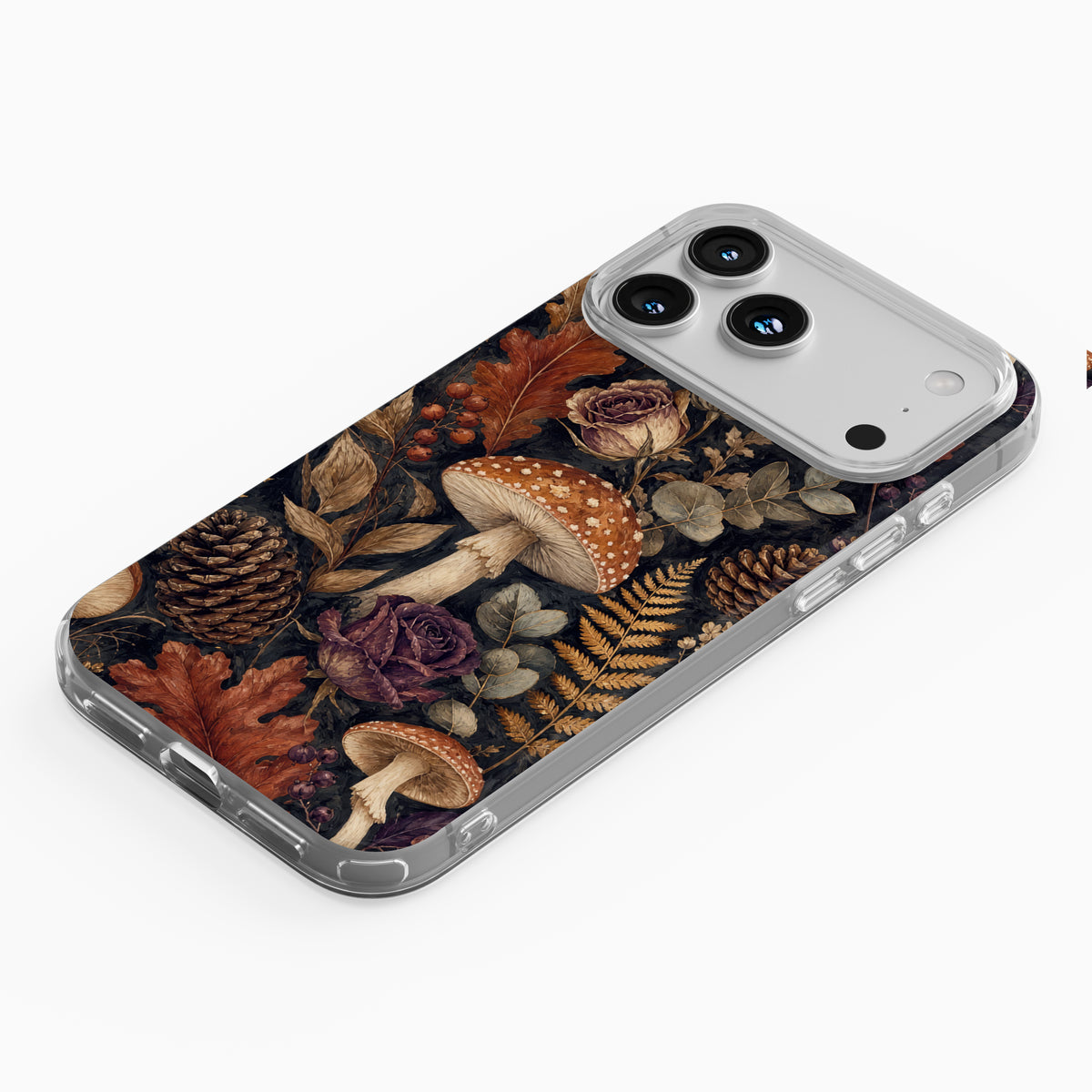 Woodland Forage Clear phone case with mushrooms, ferns, pinecones and botanical foliage on a dark woodland background.