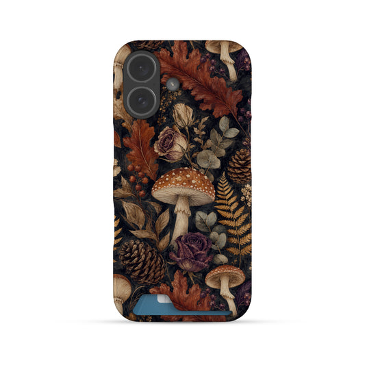 Woodland Forage Card-Holder phone case with mushrooms, ferns, pinecones and botanical foliage on a dark woodland background.