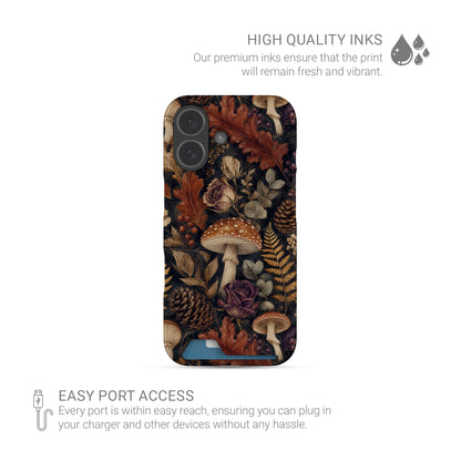Woodland Forage Card-Holder phone case with mushrooms, ferns, pinecones and botanical foliage on a dark woodland background.