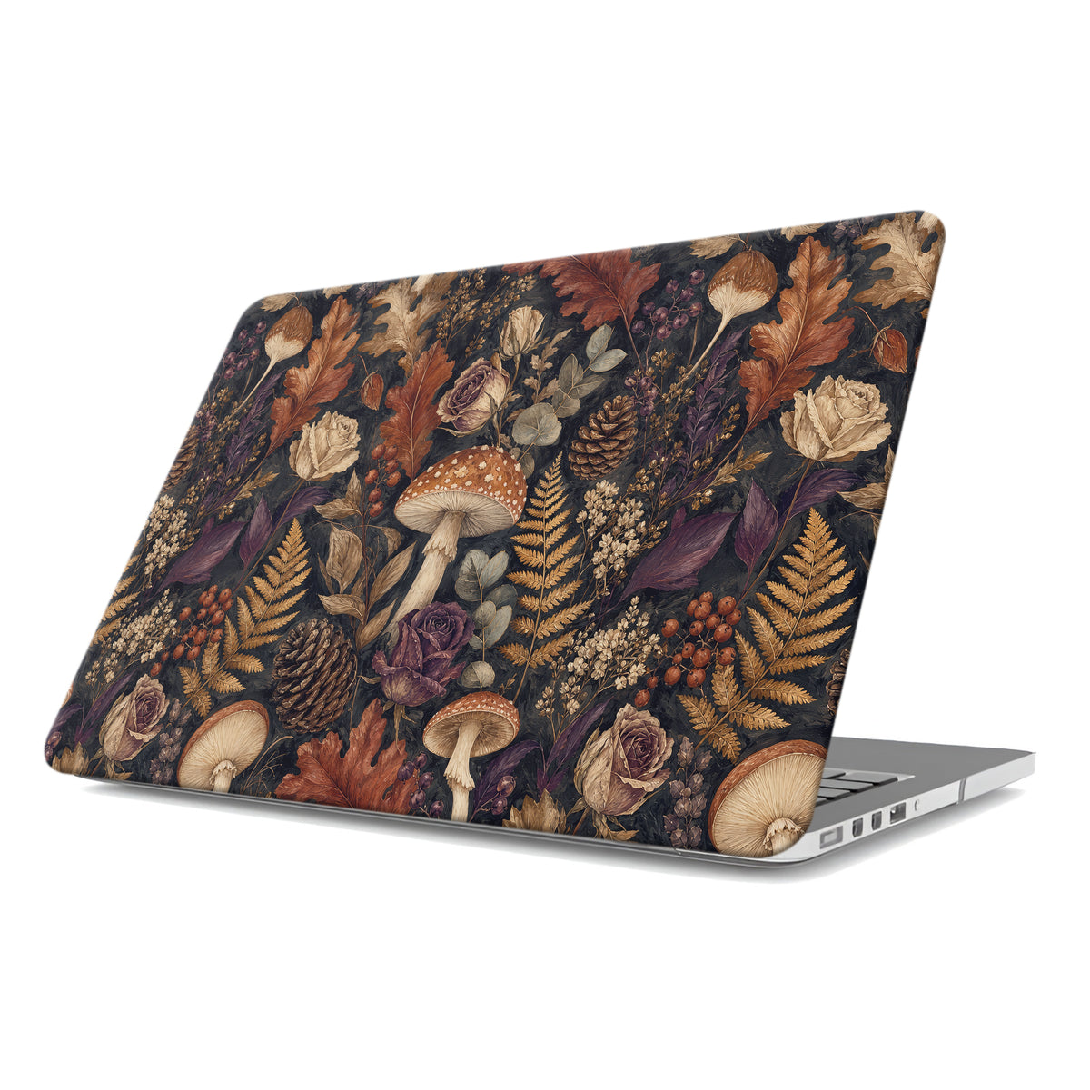 Woodland Forage MacBook shell with mushrooms, ferns, pinecones and botanical foliage on a dark woodland background.
