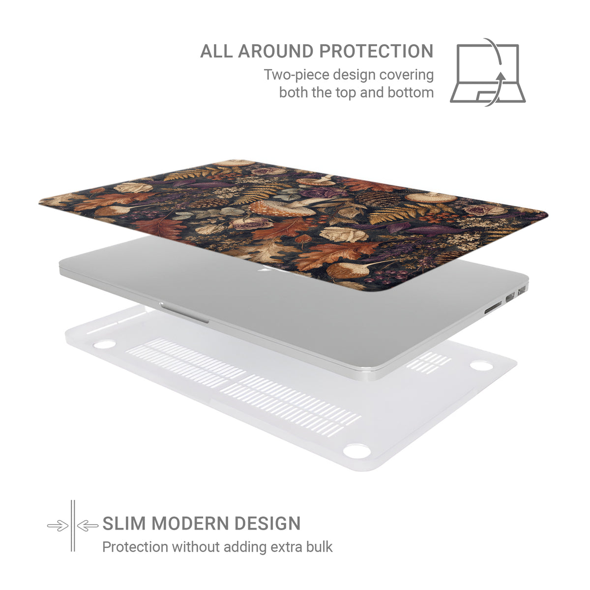 Woodland Forage MacBook shell with mushrooms, ferns, pinecones and botanical foliage on a dark woodland background.