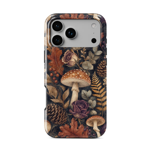 Autumn Garden MagSafe Tough phone case with cream pumpkins, burgundy flowers and trailing foliage on a dark botanical background.