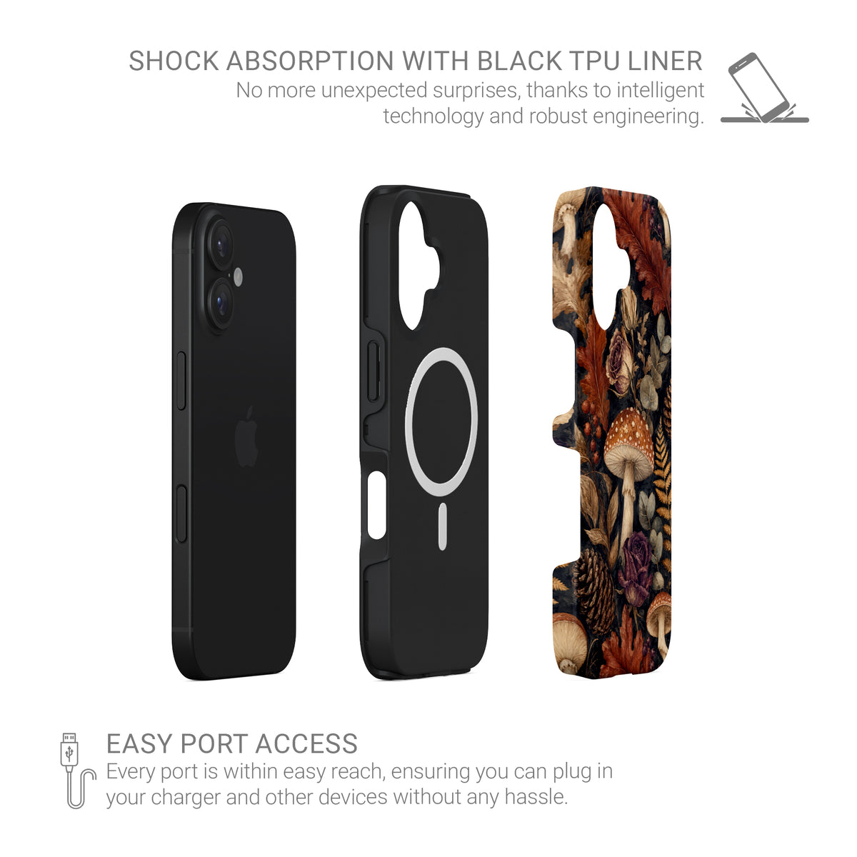 Autumn Garden MagSafe Tough phone case with cream pumpkins, burgundy flowers and trailing foliage on a dark botanical background.