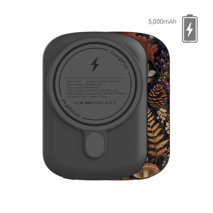 Woodland Forage power bank with mushrooms, ferns, pinecones and botanical foliage on a dark woodland background.