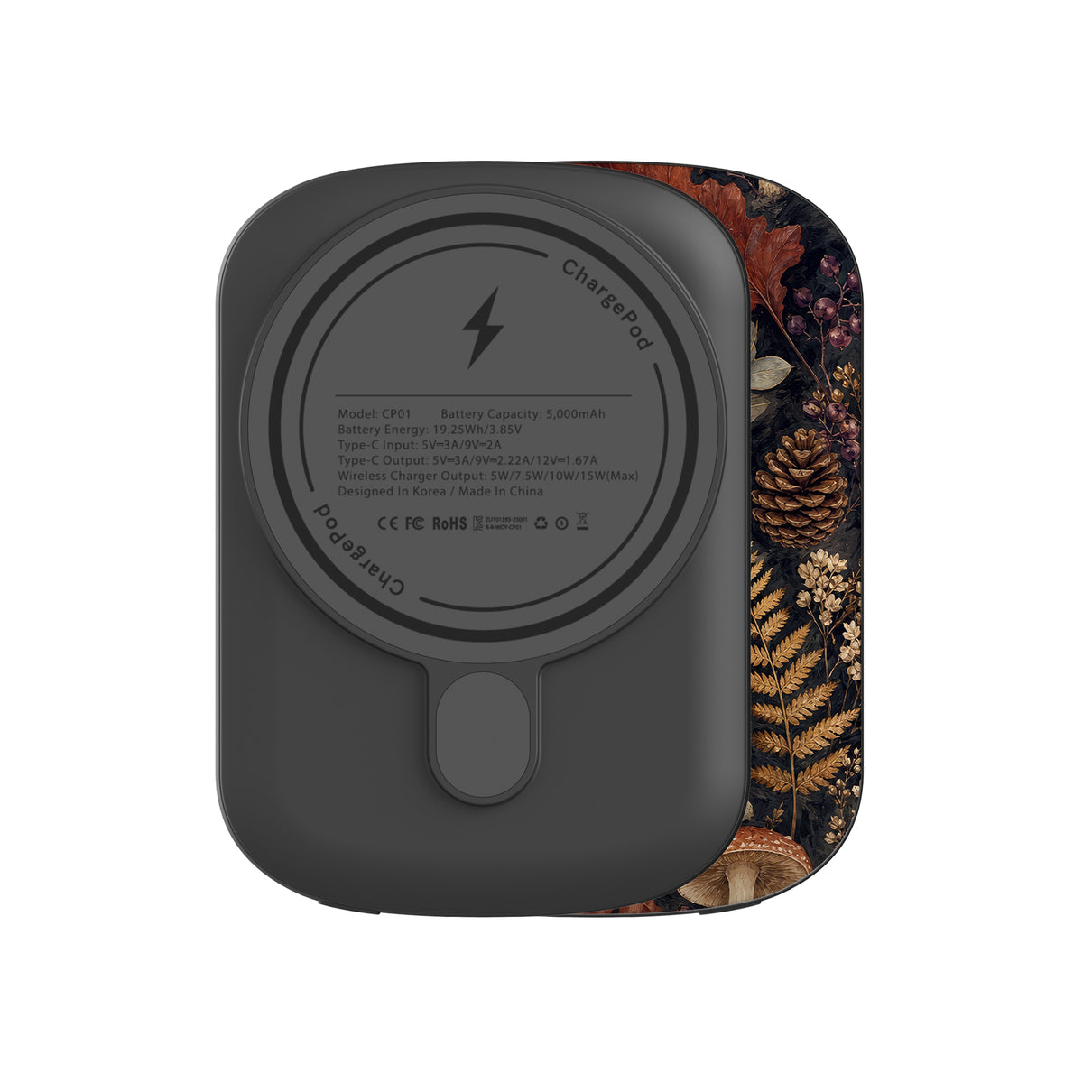 Woodland Forage power bank with mushrooms, ferns, pinecones and botanical foliage on a dark woodland background.