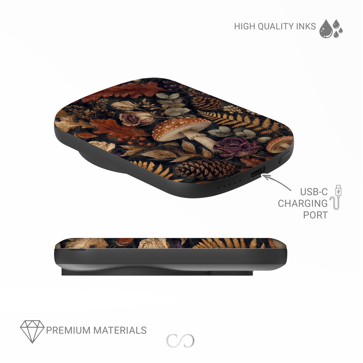 Woodland Forage power bank with mushrooms, ferns, pinecones and botanical foliage on a dark woodland background.