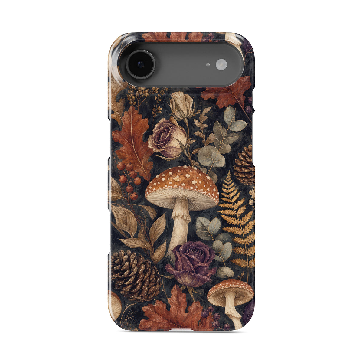 Woodland Forage Snap phone case with mushrooms, ferns, pinecones and botanical foliage on a dark woodland background.