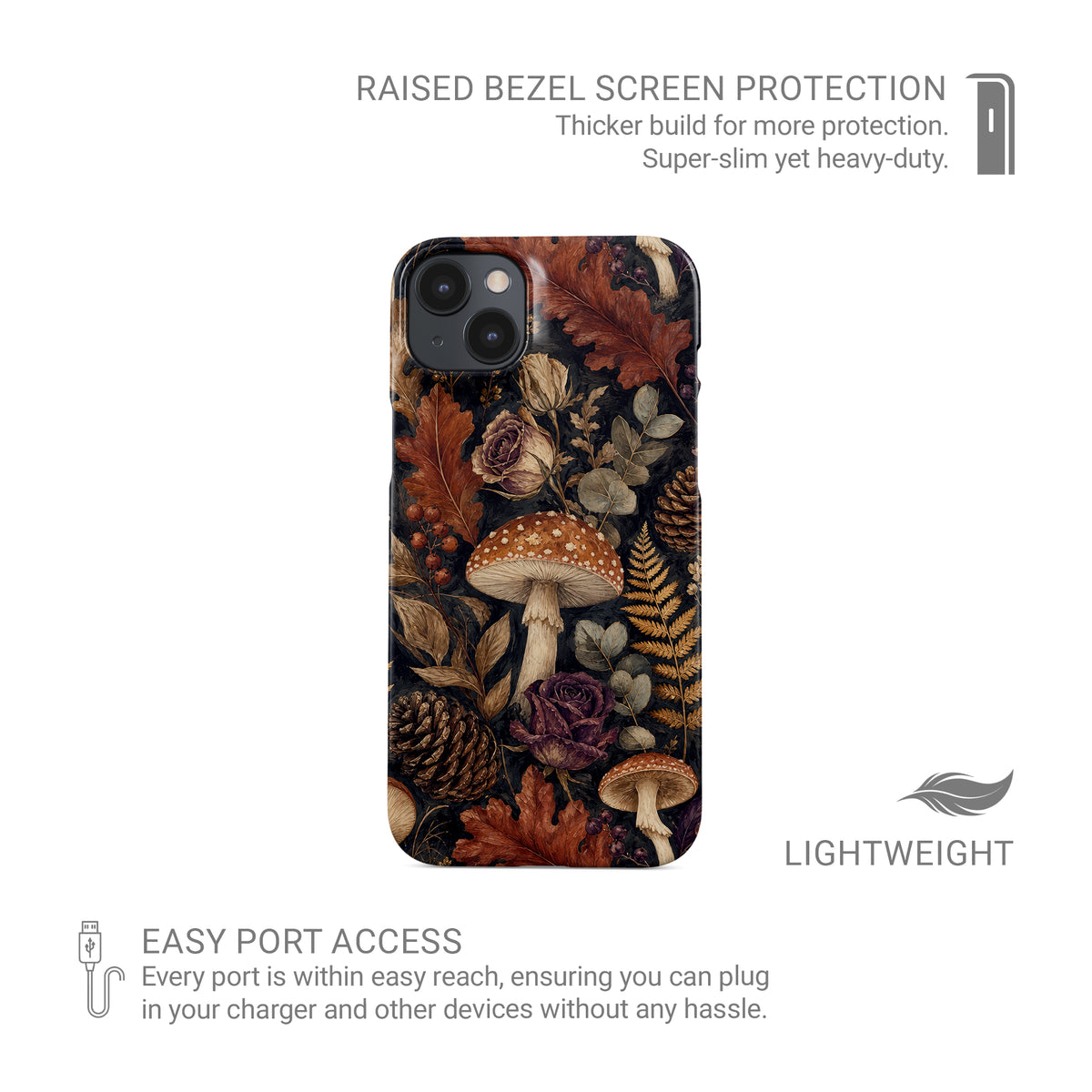 Woodland Forage Snap phone case with mushrooms, ferns, pinecones and botanical foliage on a dark woodland background.
