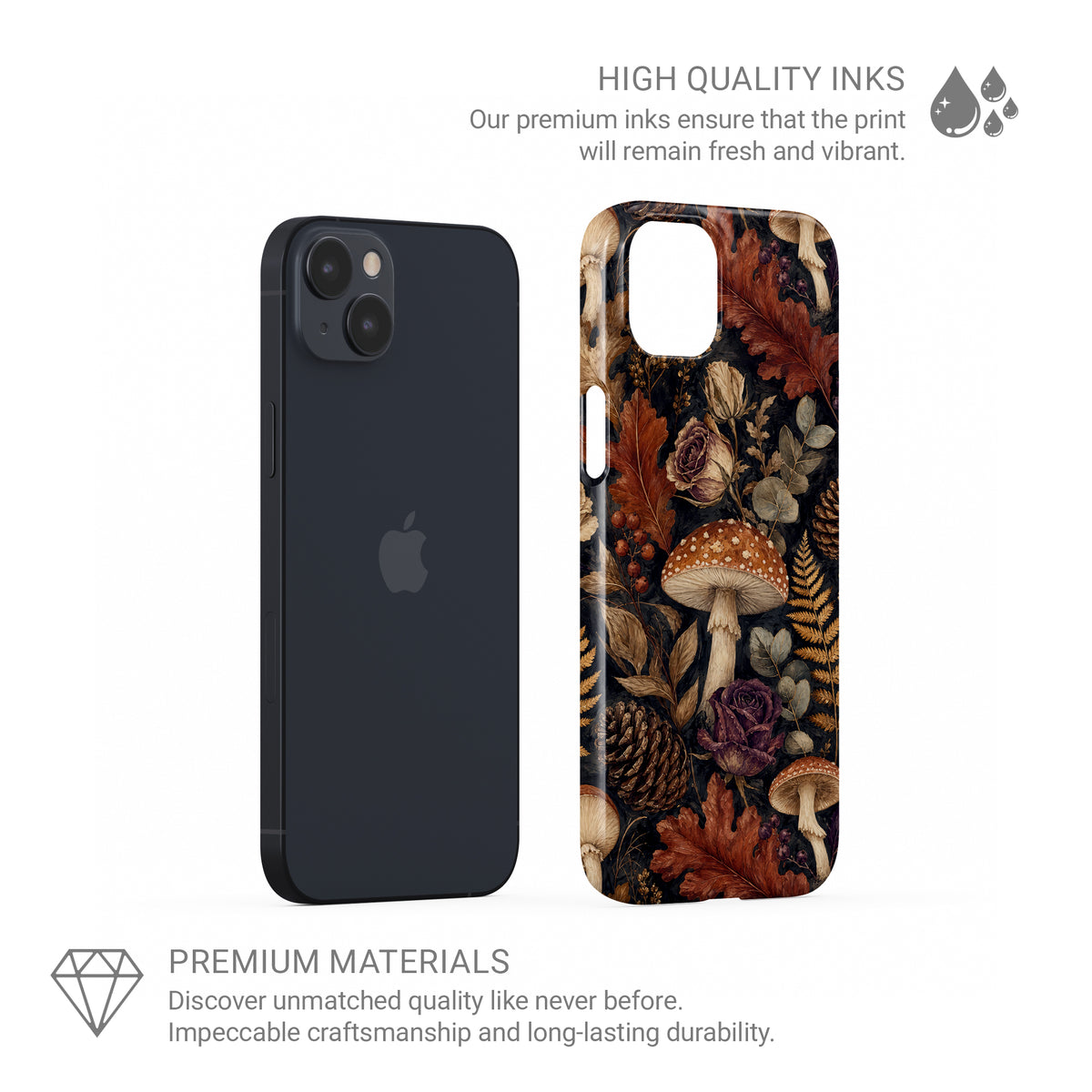 Woodland Forage Snap phone case with mushrooms, ferns, pinecones and botanical foliage on a dark woodland background.