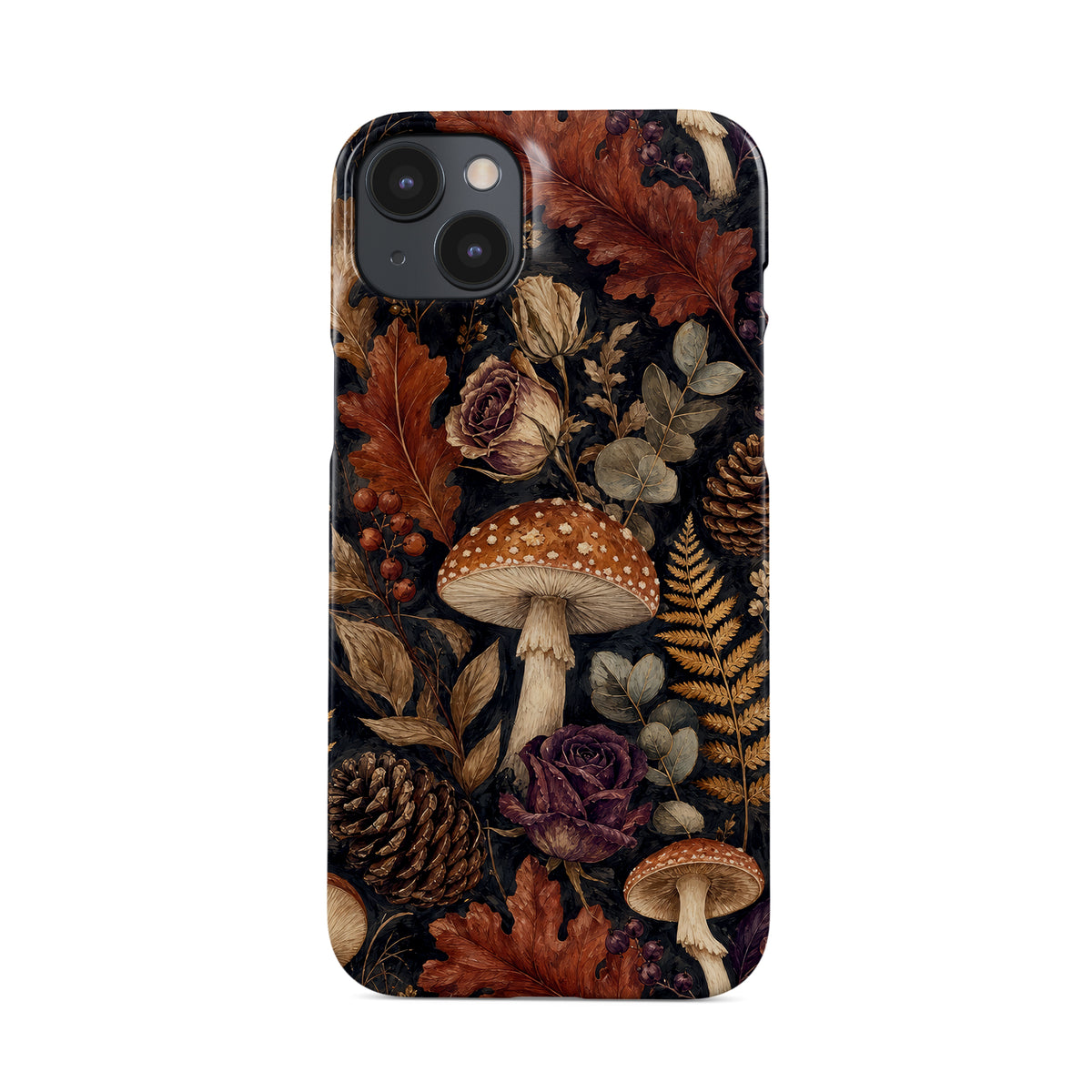 Woodland Forage Snap phone case with mushrooms, ferns, pinecones and botanical foliage on a dark woodland background.