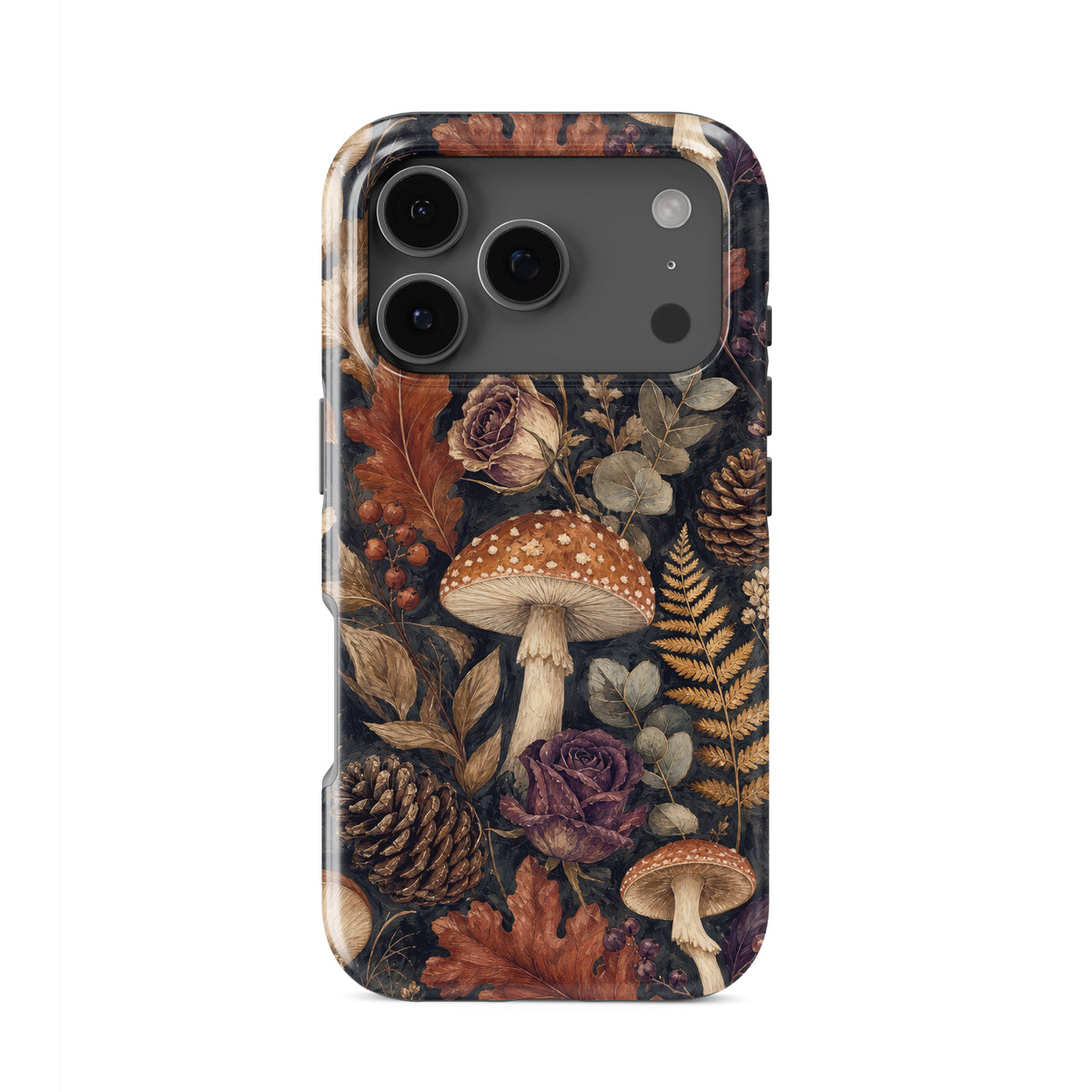 Woodland Forage Tough phone case with mushrooms, ferns, pinecones and botanical foliage on a dark woodland background.