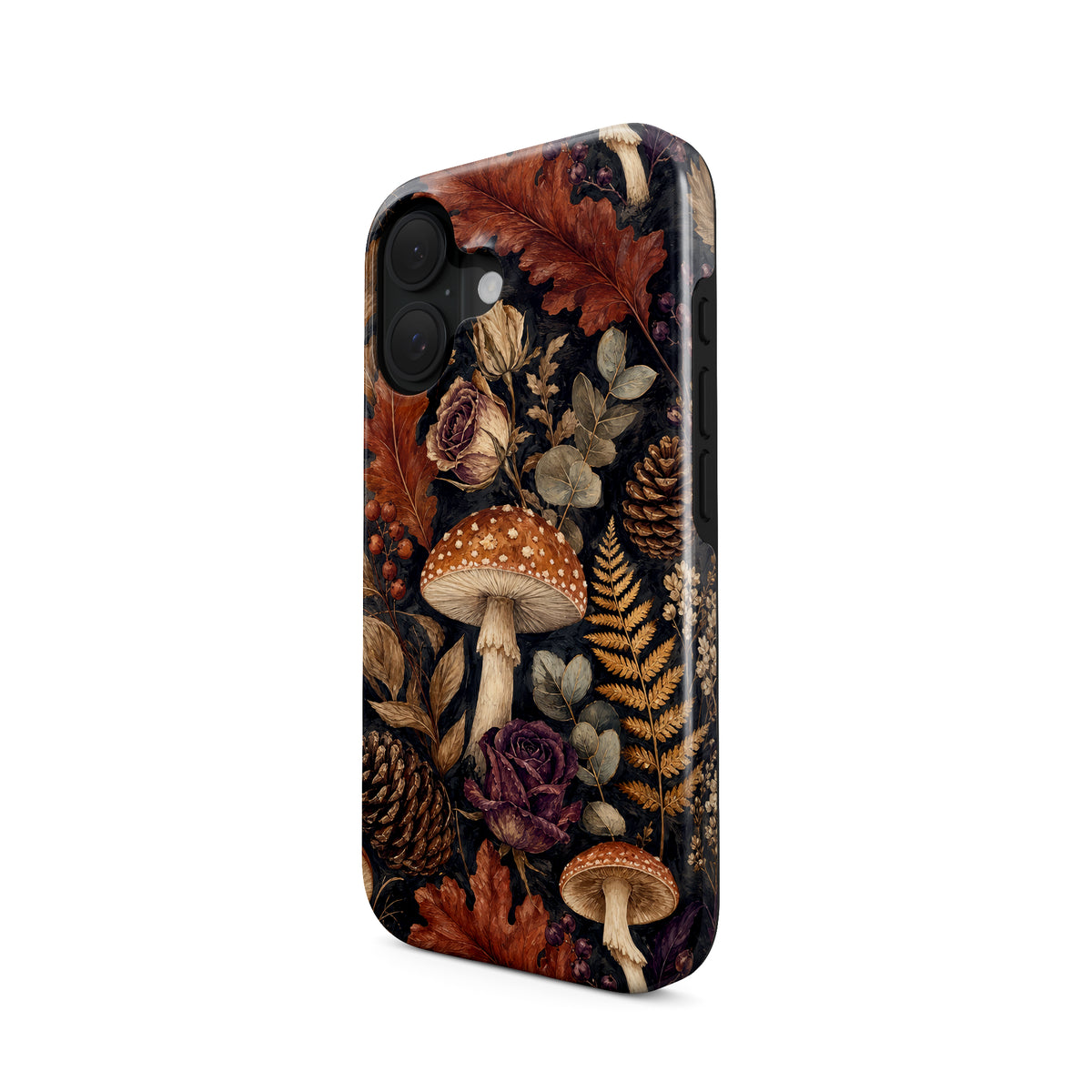 Woodland Forage Tough phone case with mushrooms, ferns, pinecones and botanical foliage on a dark woodland background.