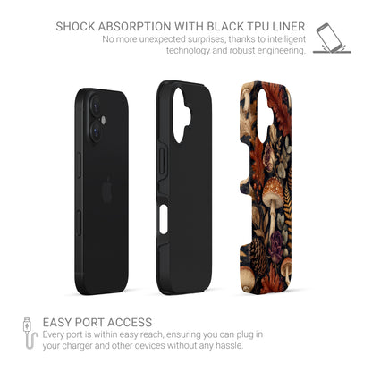 Woodland Forage Tough phone case with mushrooms, ferns, pinecones and botanical foliage on a dark woodland background.