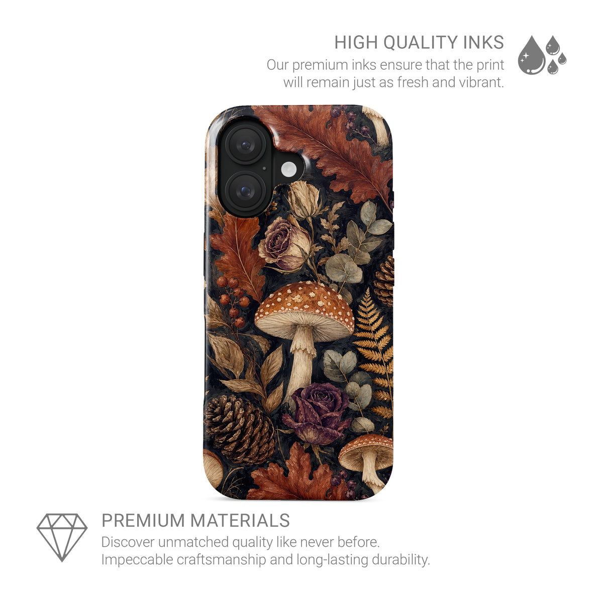 Woodland Forage Tough phone case with mushrooms, ferns, pinecones and botanical foliage on a dark woodland background.