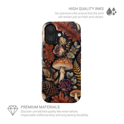 Woodland Forage Tough phone case with mushrooms, ferns, pinecones and botanical foliage on a dark woodland background.