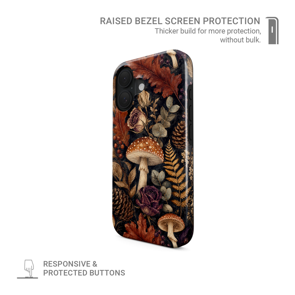 Woodland Forage Tough phone case with mushrooms, ferns, pinecones and botanical foliage on a dark woodland background.