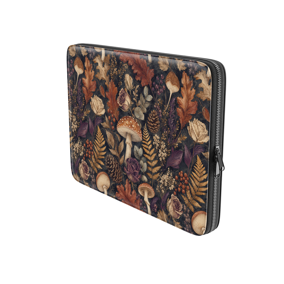 Woodland Forage laptop sleeve with mushrooms, ferns, pinecones and botanical foliage on a dark woodland background.