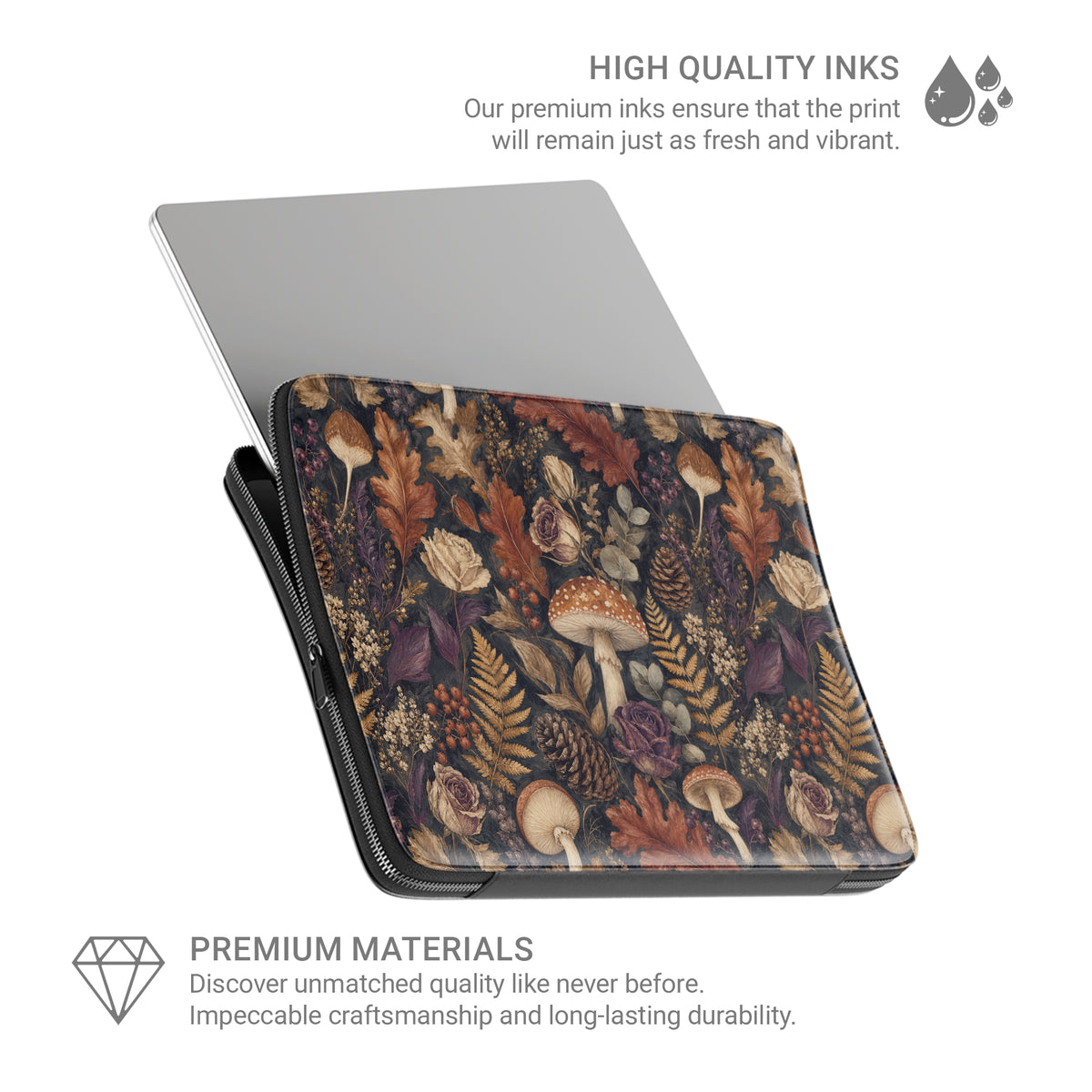 Woodland Forage laptop sleeve with mushrooms, ferns, pinecones and botanical foliage on a dark woodland background.