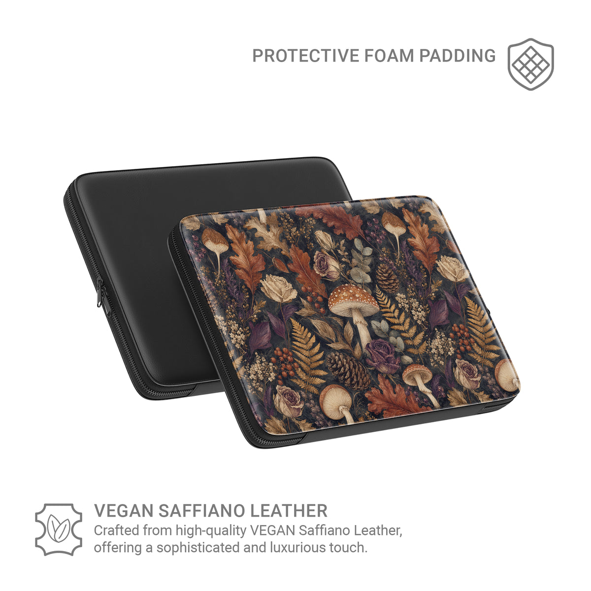Woodland Forage laptop sleeve with mushrooms, ferns, pinecones and botanical foliage on a dark woodland background.