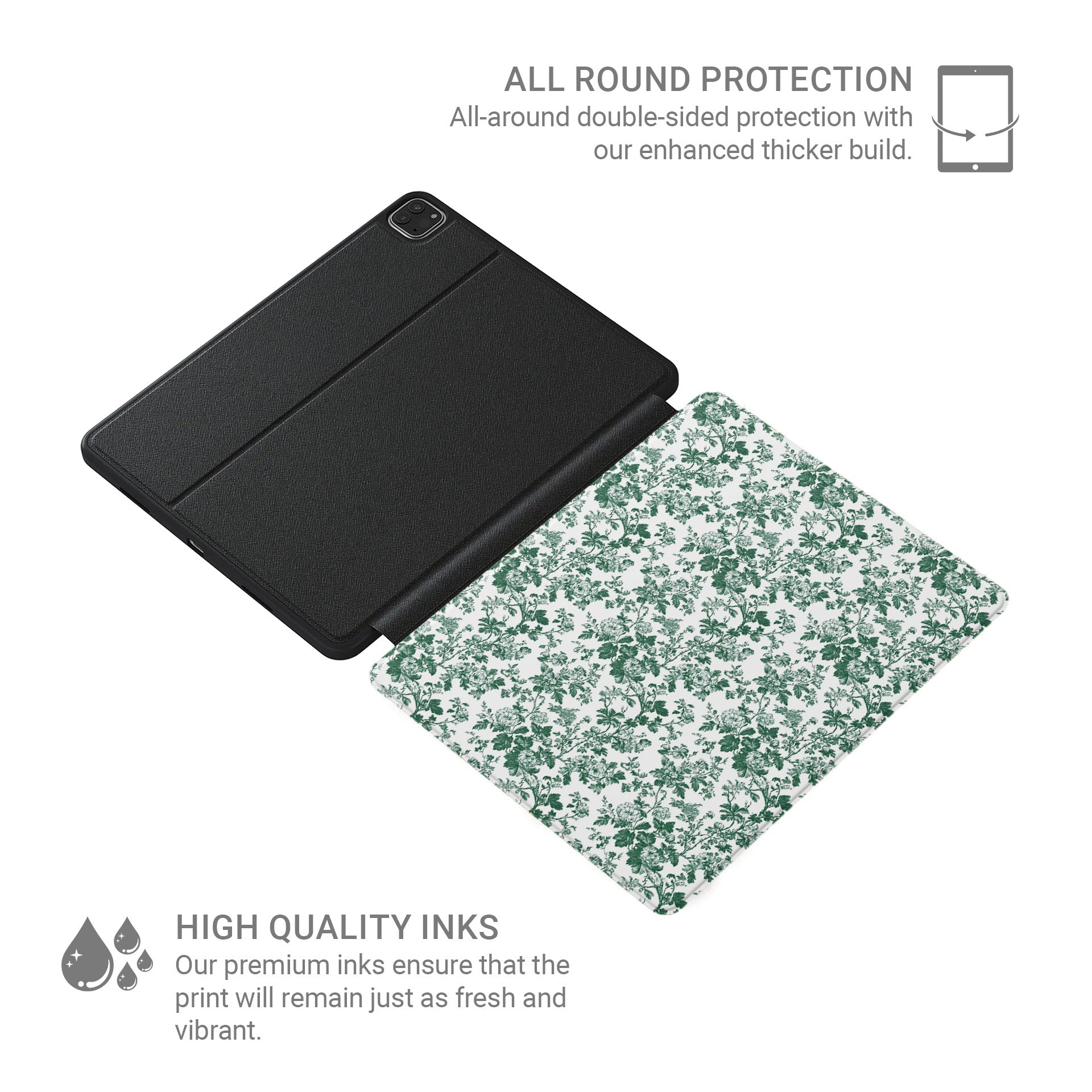 Luxury vegan leather iPad case – emerald floral print with matte finish