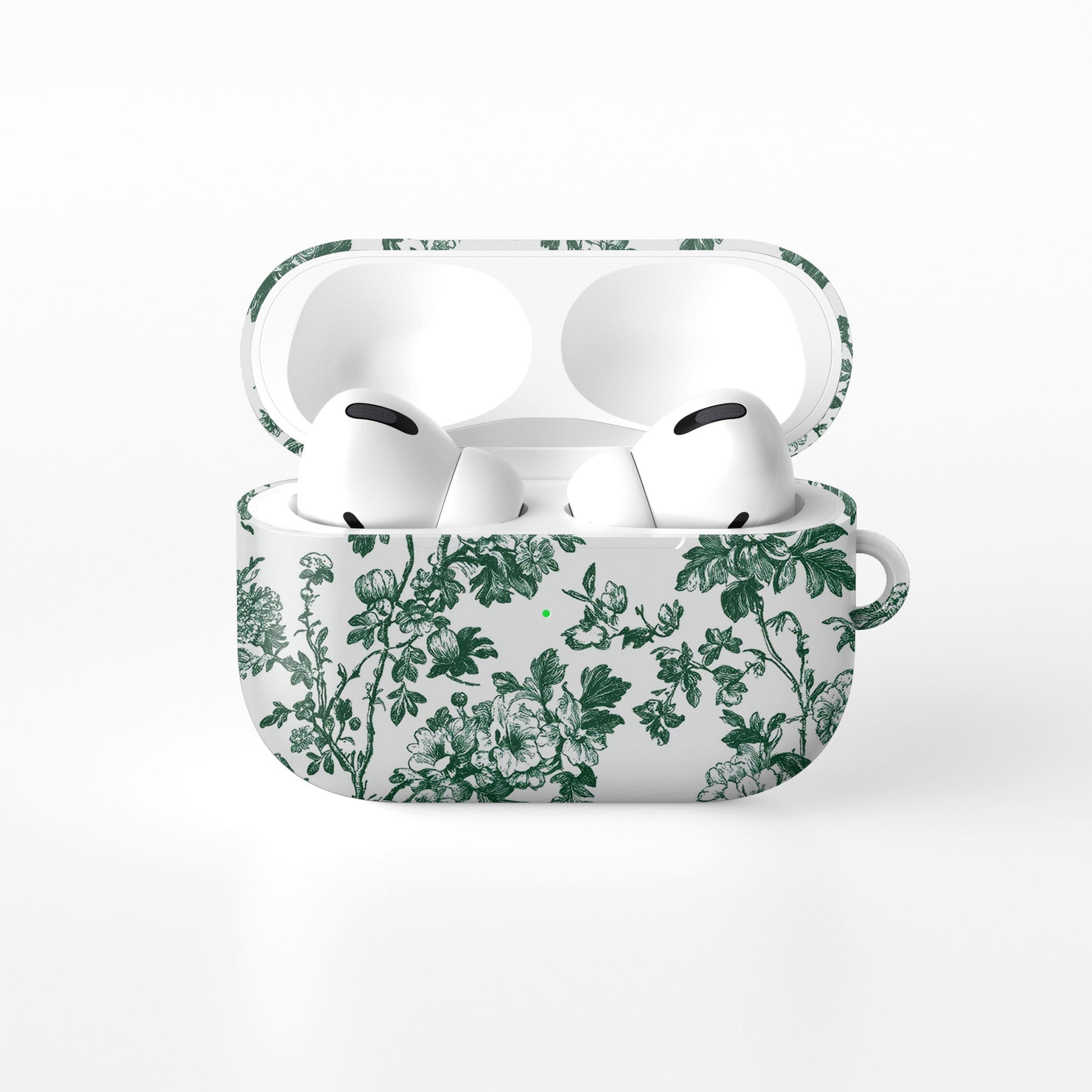 Emerald Enchantment AirPods Case – vintage green floral design with glossy finish, slim scratch-resistant cover for Apple AirPods Pro, Pro 2, AirPods 3, and AirPods 2.
