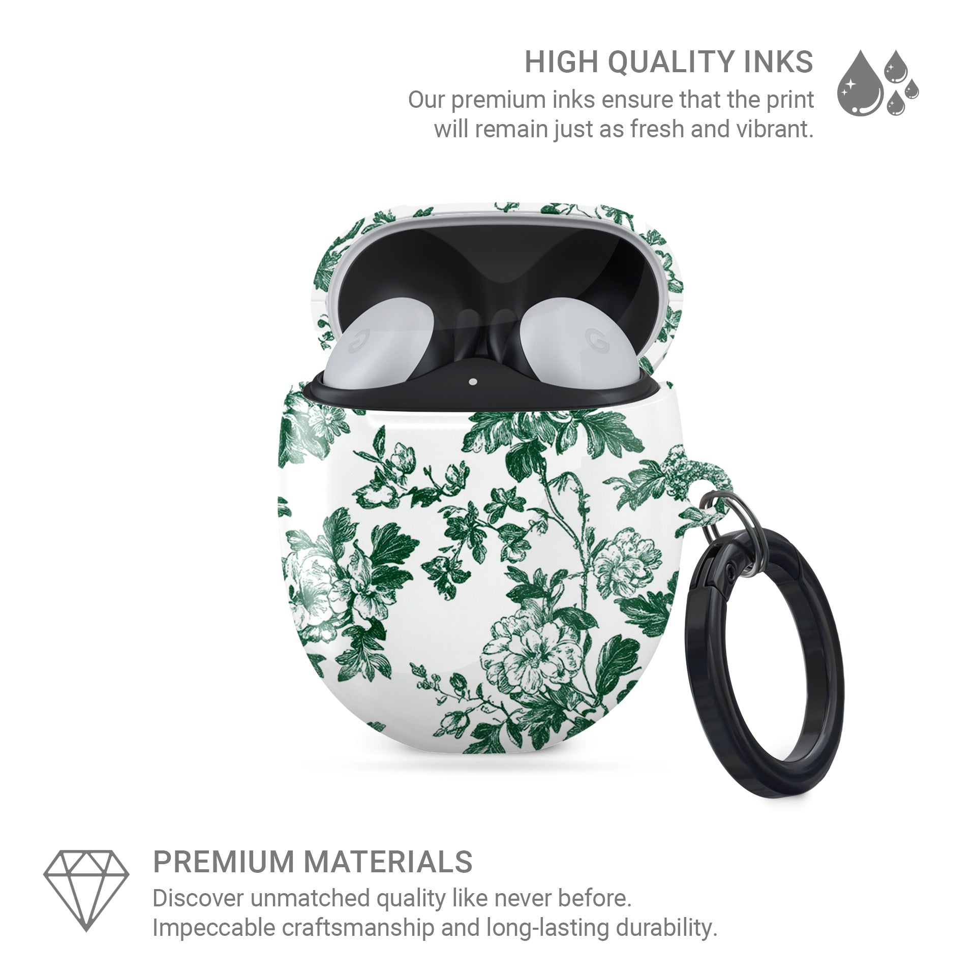 Google Pixel Buds Pro case with Emerald Enchantment design – deep green floral pattern, slim scratch-resistant cover for Pixel Buds Pro and Pixel Buds Pro 2