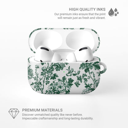 Emerald Enchantment AirPods Case – vintage green floral design with glossy finish, slim scratch-resistant cover for Apple AirPods Pro, Pro 2, AirPods 3, and AirPods 2.